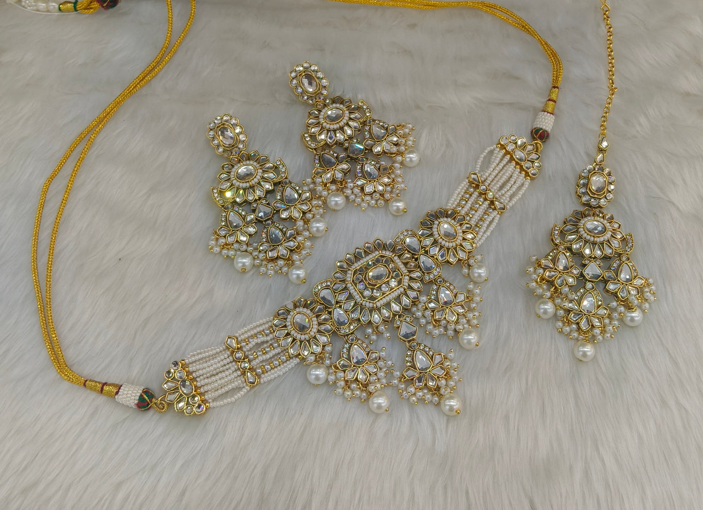 Gold White Kundan Choker Jewellery Kismat Set