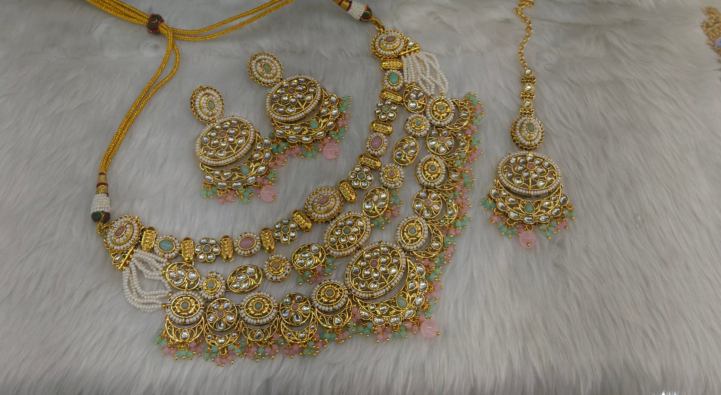 Gold Mint Pink Kundan necklace Set/ kundan Indian Naomi jewellery  sets