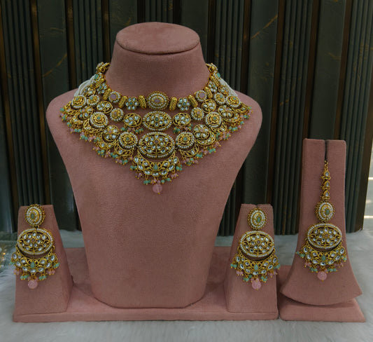 Gold Mint Pink Kundan necklace Set/ kundan Indian Naomi jewellery  sets