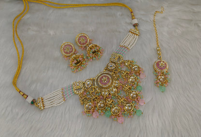 Mint Pink Kundan necklace Set/ kundan Indian jewellery kundan Ravia sets