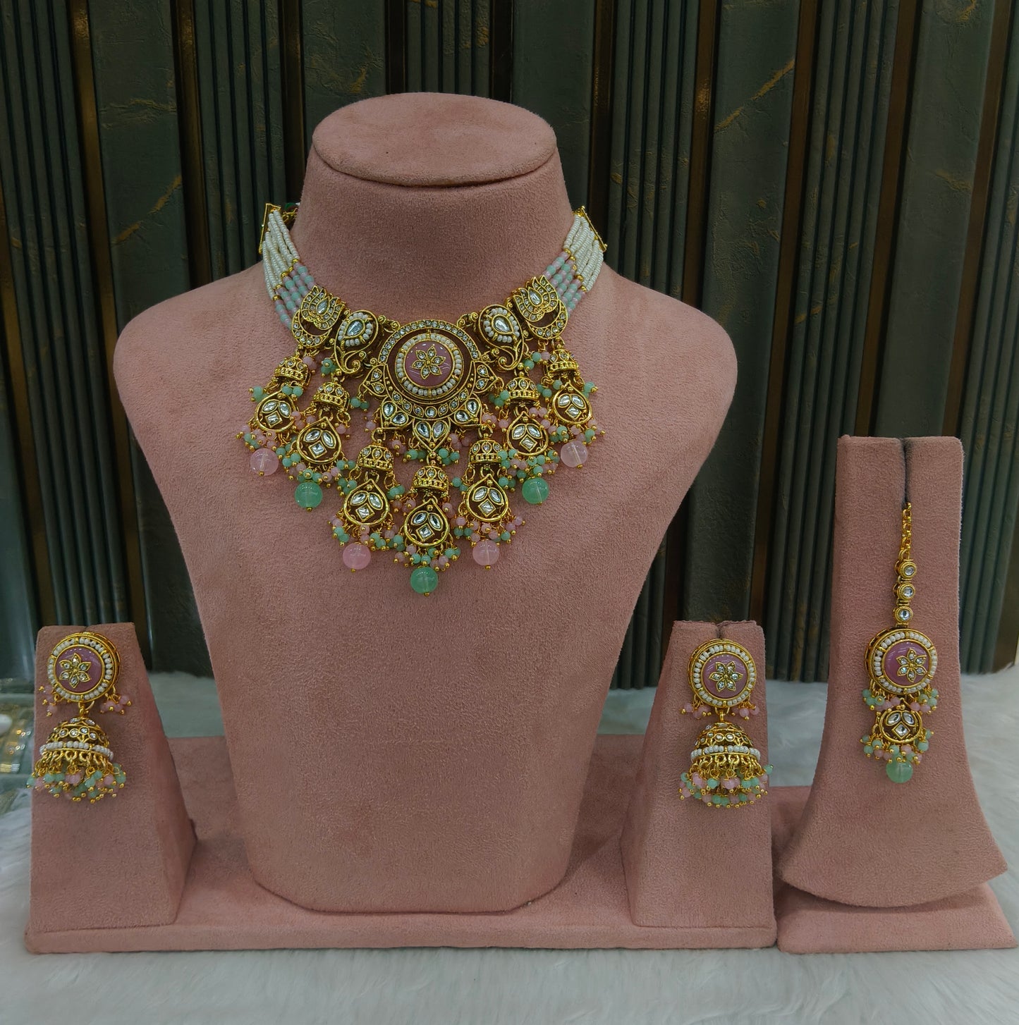 Mint Pink Kundan necklace Set/ kundan Indian jewellery kundan Ravia sets