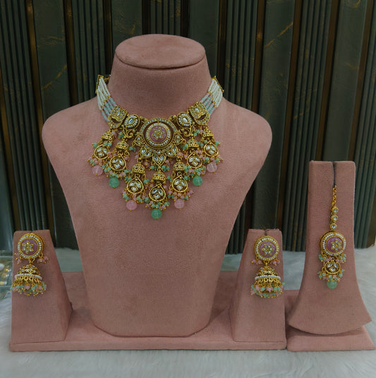 Mint Pink Kundan necklace Set/ kundan Indian jewellery kundan Ravia sets