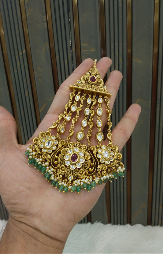 Gold Polki Ruby Sage Green Kundan Jhumar Passa Headpiece Pipas Jewelers