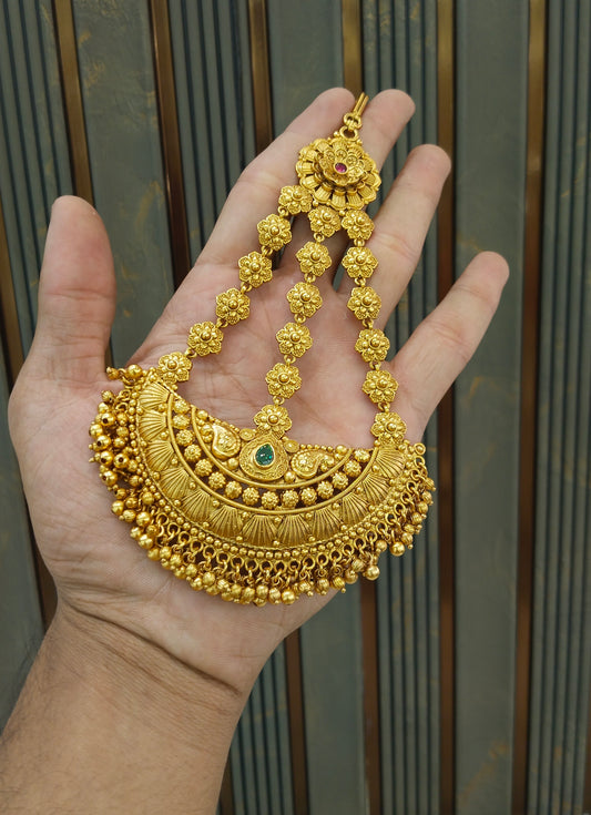 Gold Polki Ruby Green Jhumar Passa Headpiece Pipas Jewelers