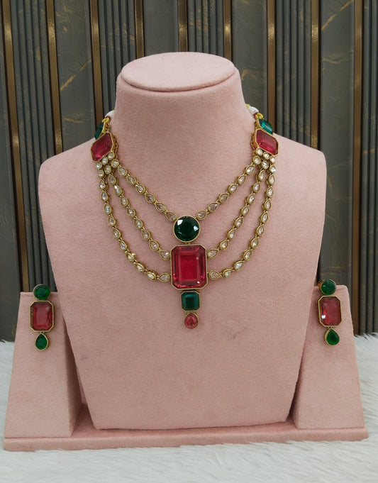 Antique Gold Ruby Green Necklace Set/ Antique gold Indian Raman Jewellery