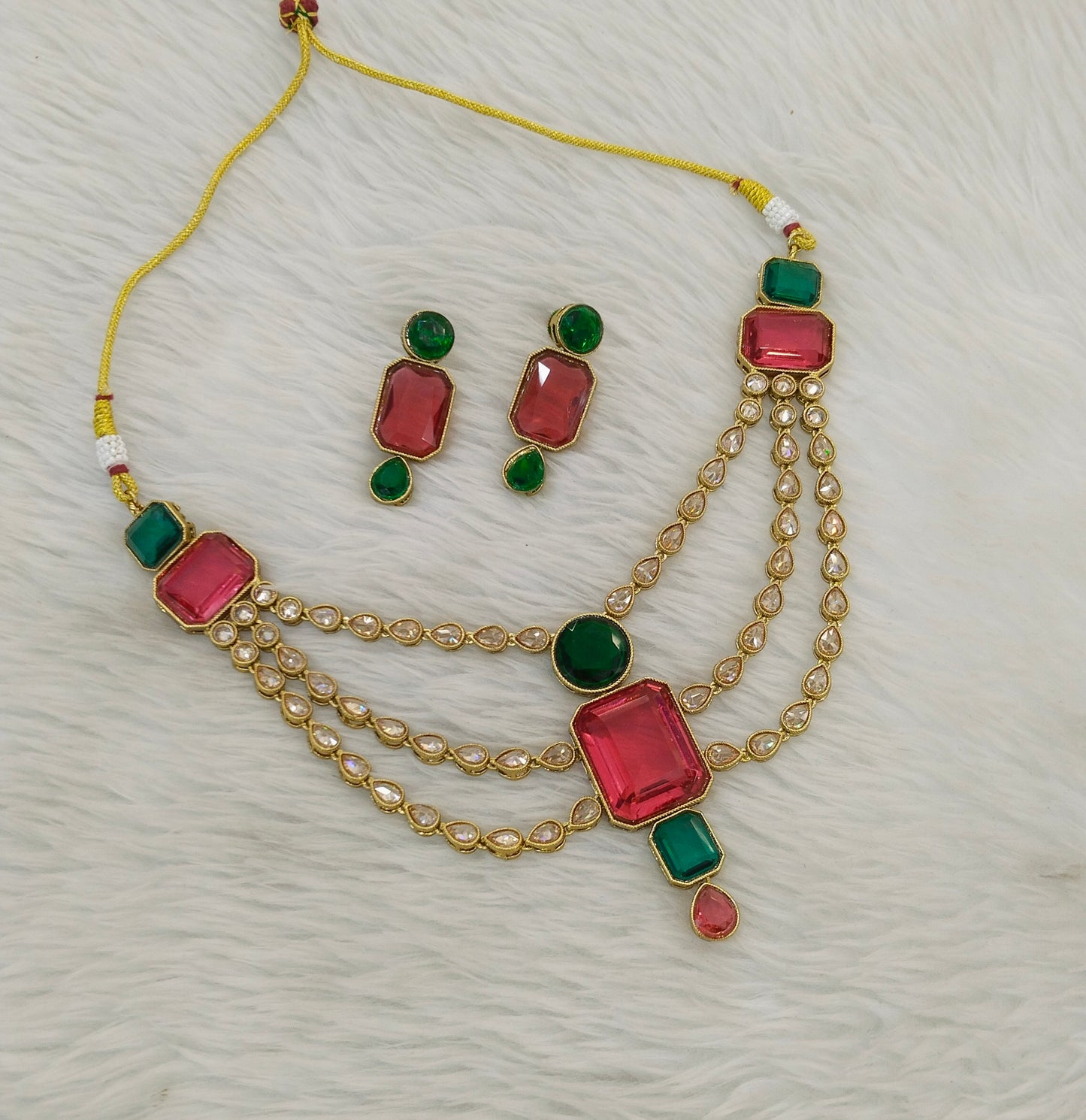 Antique Gold Ruby Green Necklace Set/ Antique gold Indian Raman Jewellery
