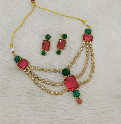 Antique Gold Ruby Green Necklace Set/ Antique gold Indian Raman Jewellery