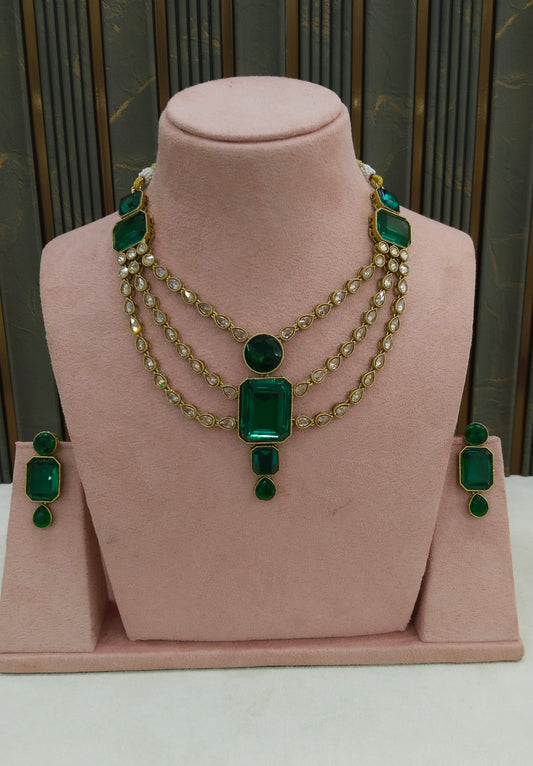 Antique Gold Green Necklace Set/ Antique gold Indian Raman Jewellery