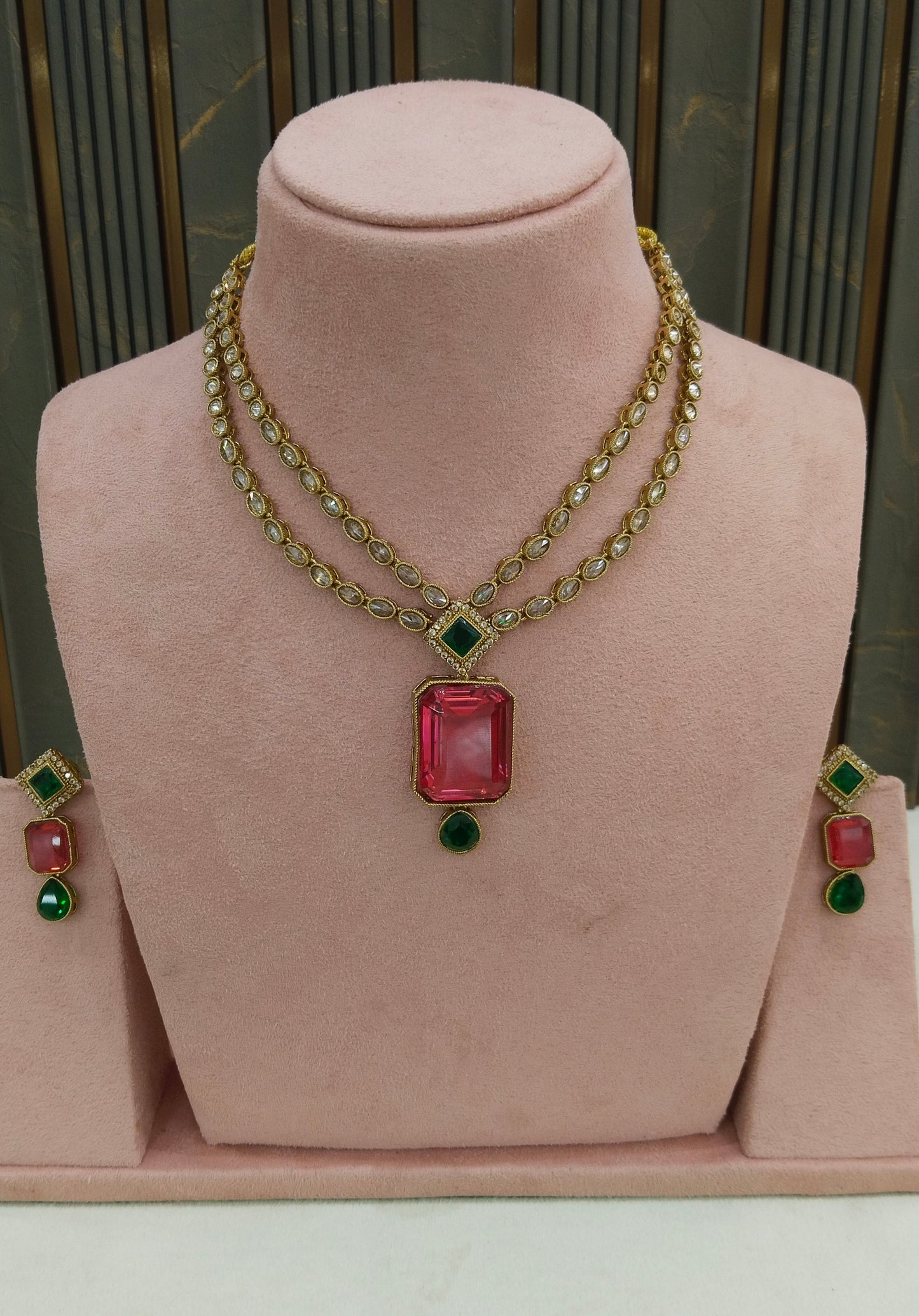 Antique Ruby Green Necklace Set/ Antique gold Indian Raman Jewellery