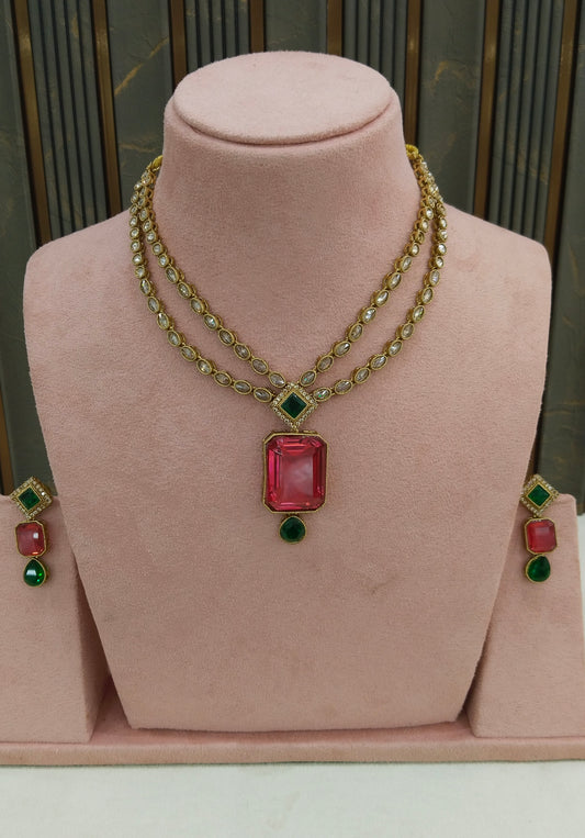 Antique Ruby Green Necklace Set/ Antique gold Indian Raman Jewellery