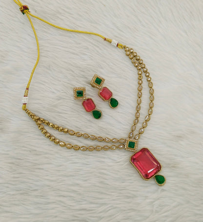 Antique Ruby Green Necklace Set/ Antique gold Indian Raman Jewellery