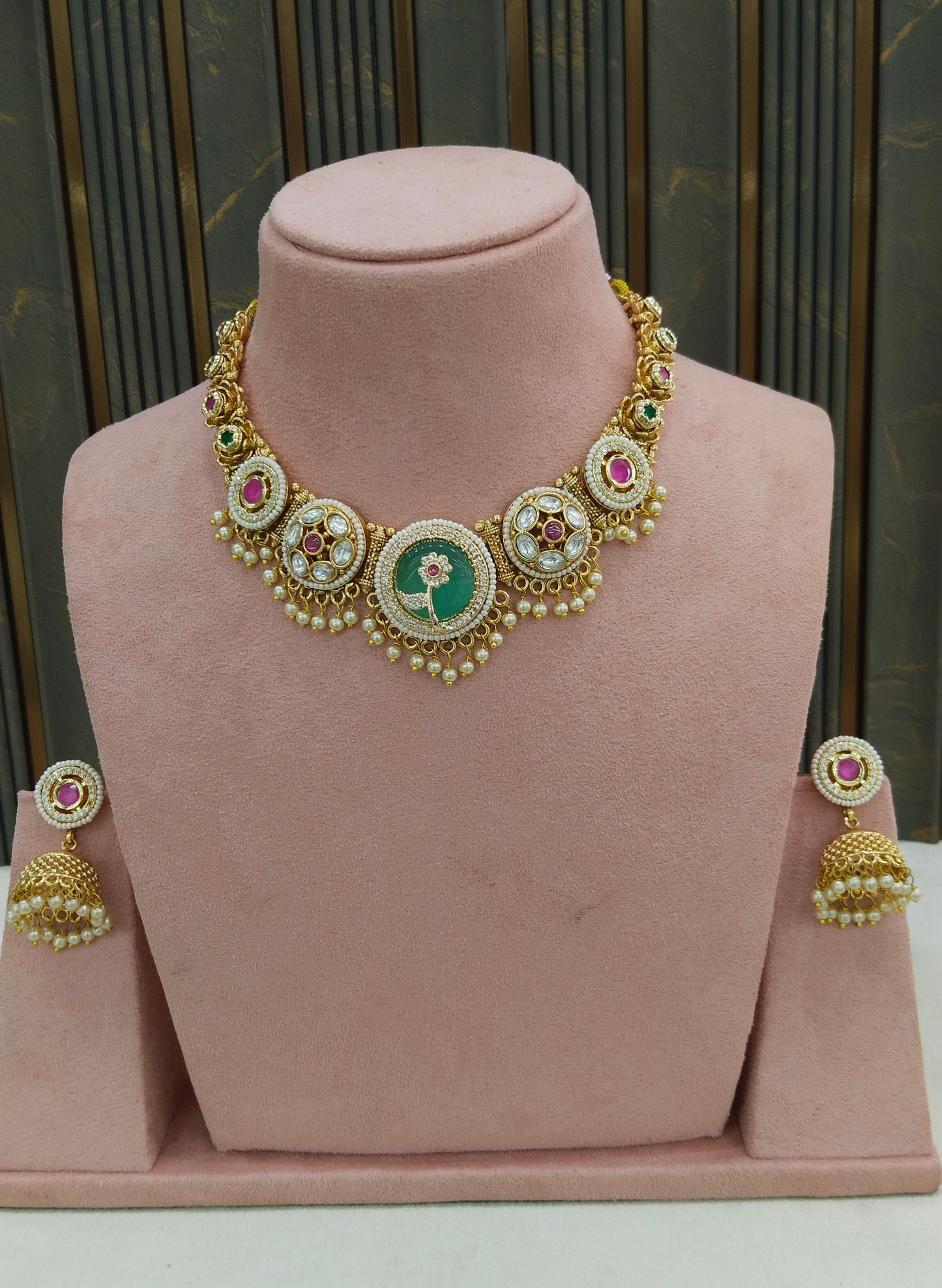 Gold Ruby Sage Green Polki Kundan Necklace Indian Jewellery Reeta Set