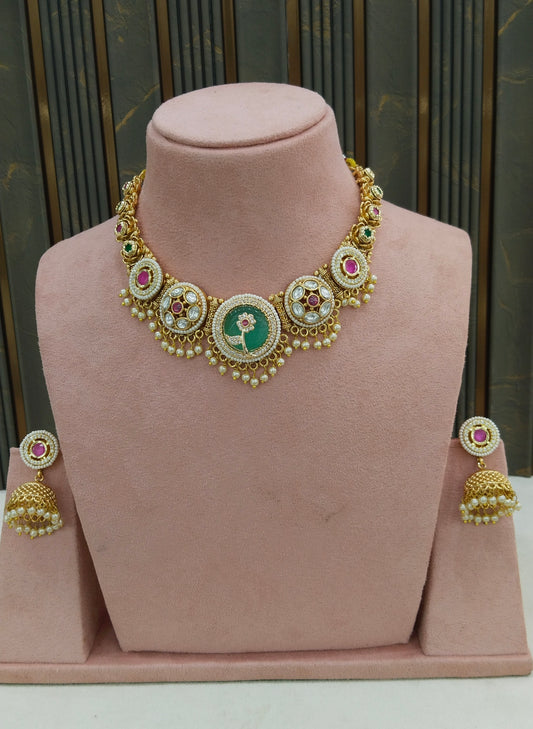 Gold Ruby Sage Green Polki Kundan Necklace Indian Jewellery Reeta Set