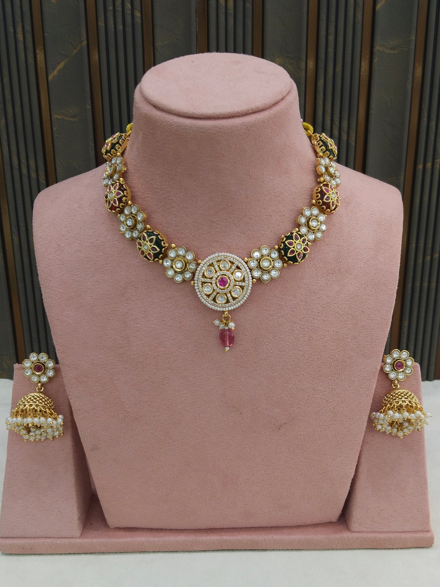 Gold Ruby Green Polki Kundan Necklace Indian Jewellery Reeta Set