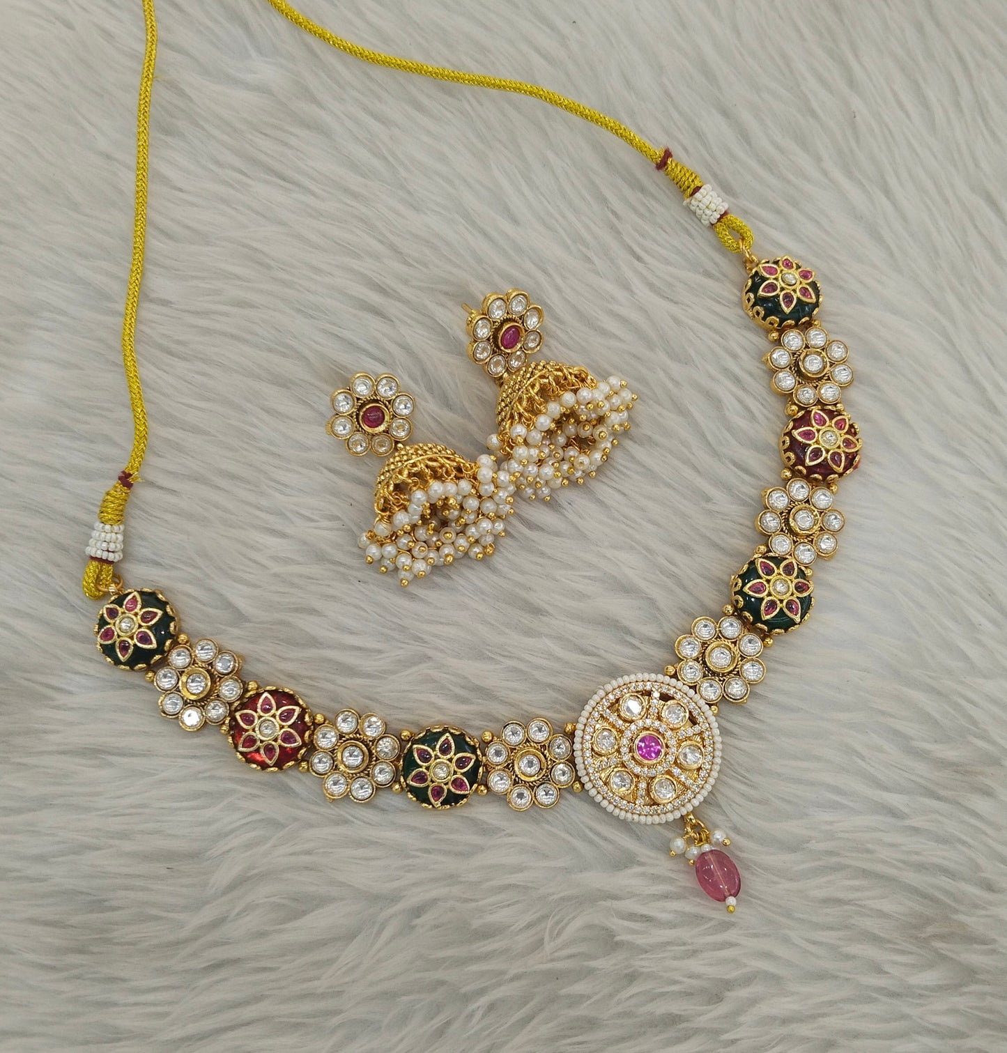 Gold Ruby Green Polki Kundan Necklace Indian Jewellery Reeta Set