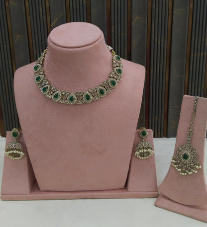 Antique Gold Green Necklace Set/ Antique gold Indian Jagjeet Jewellery