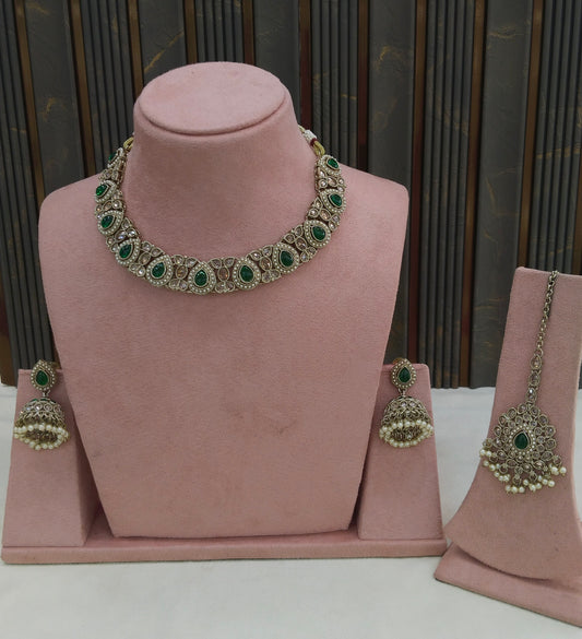 Antique Gold Green Necklace Set/ Antique gold Indian Jagjeet Jewellery