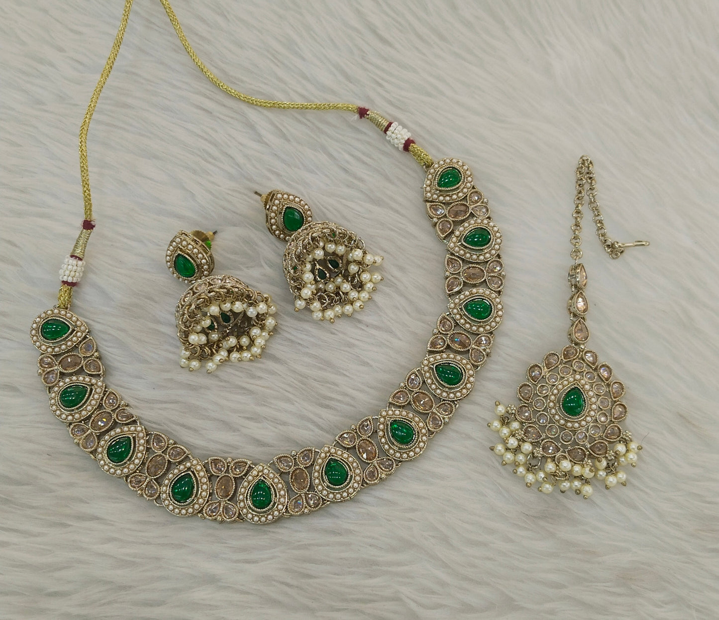 Antique Gold Green Necklace Set/ Antique gold Indian Jagjeet Jewellery