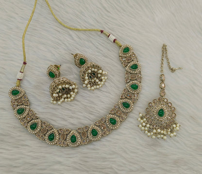 Antique Gold Green Necklace Set/ Antique gold Indian Jagjeet Jewellery