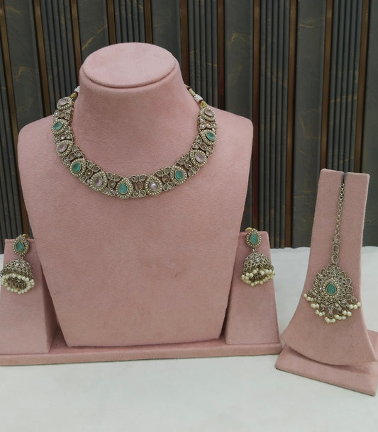 Antique Mint Pink Necklace Set/ Antique gold Indian Jagjeet Jewellery