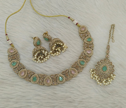 Antique Mint Pink Necklace Set/ Antique gold Indian Jagjeet Jewellery