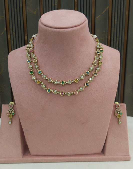 Antique MultiColor Kundan Necklace Indian Jewelry Juna Set