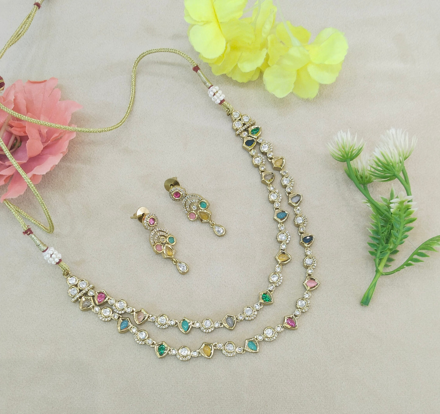 Antique MultiColor Kundan Necklace Indian Jewelry Juna Set
