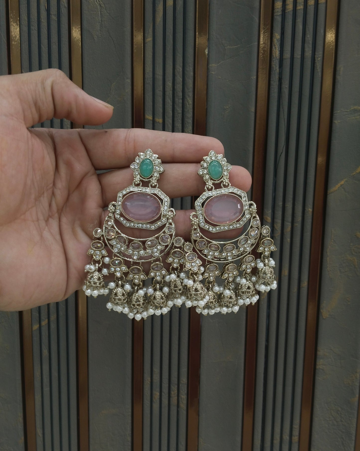 Antique Gold Mint Pink Bollywood Indian Joye Earrings