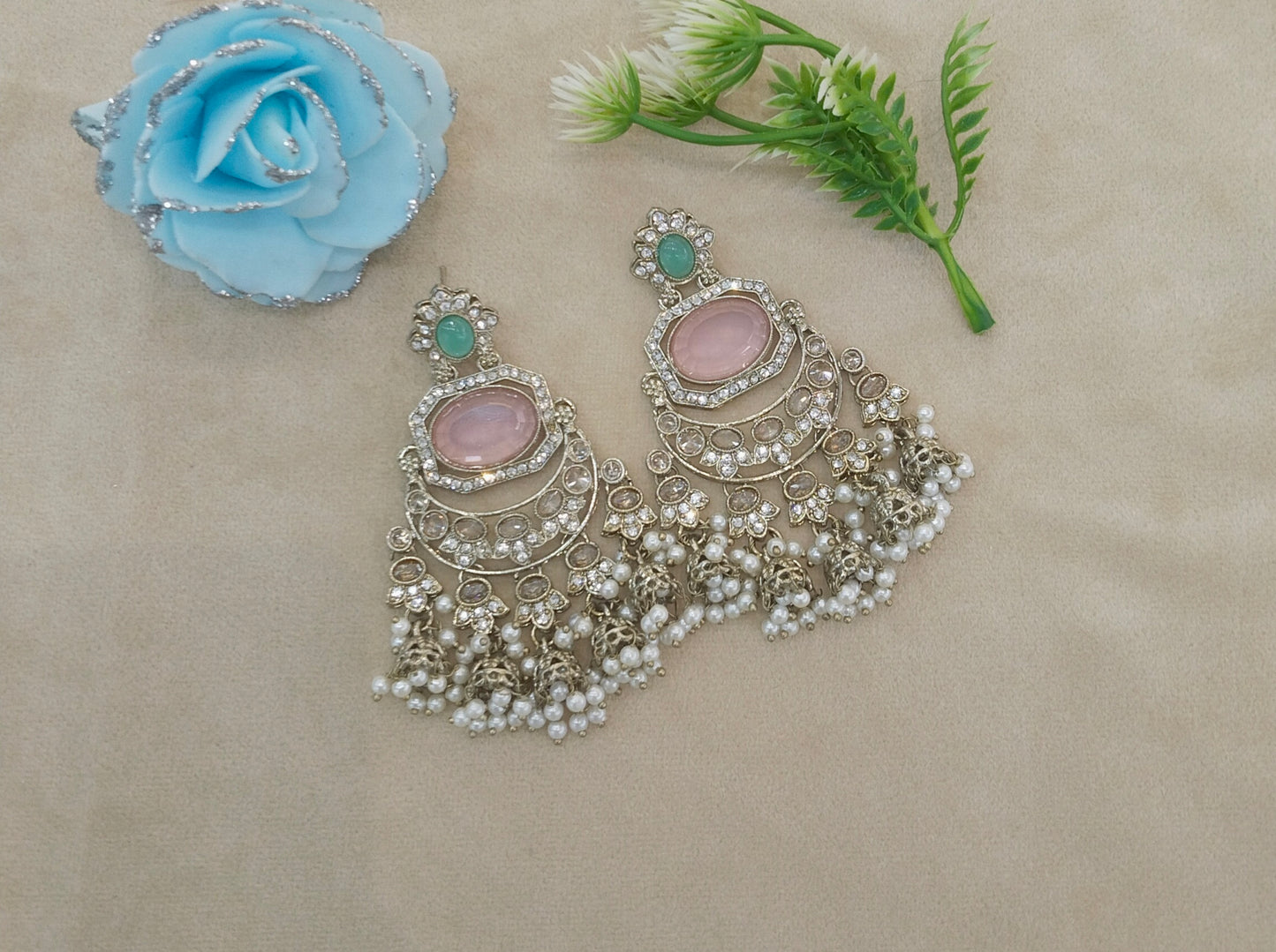 Antique Gold Mint Pink Bollywood Indian Joye Earrings