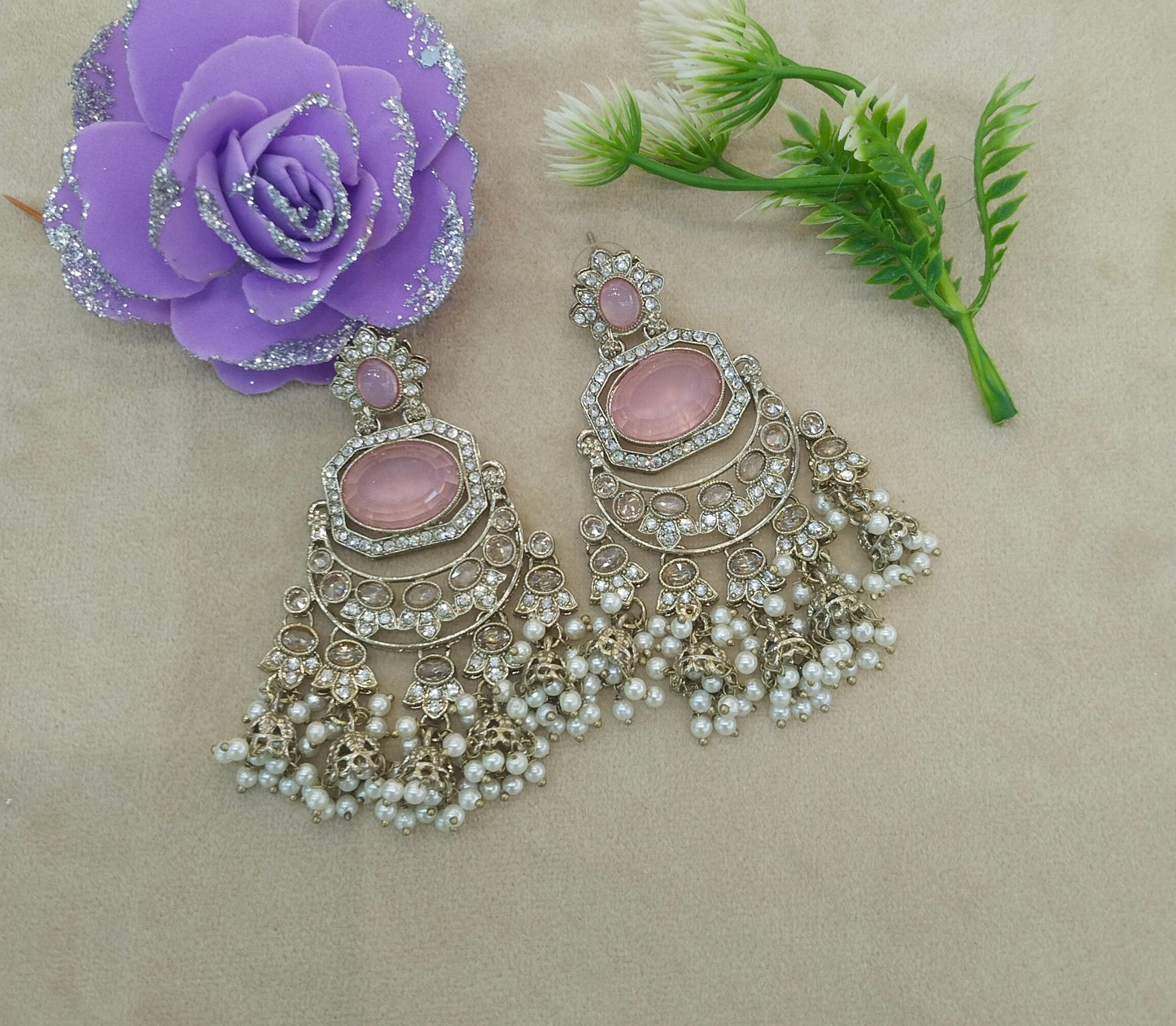 Antique Gold Pink Bollywood Indian Joye Earrings