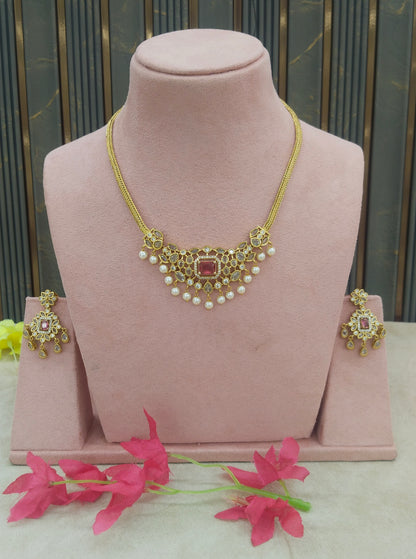 Gold Ruby CZ Necklace indian Jewellery Maron Set