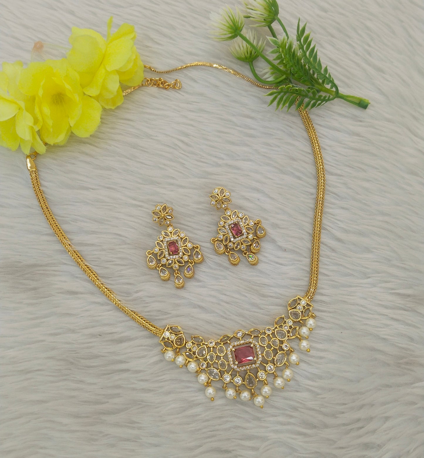 Gold Ruby CZ Necklace indian Jewellery Maron Set