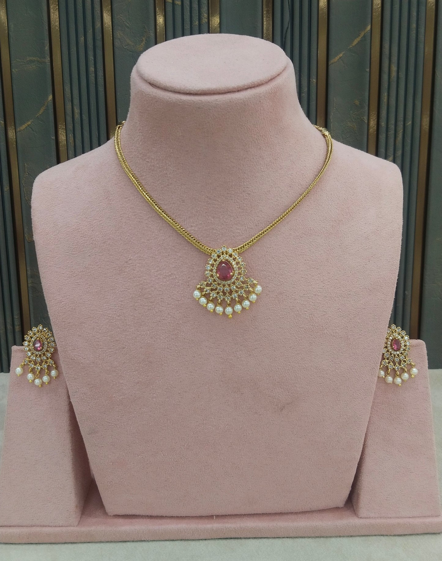 Gold Ruby CZ Necklace indian Jewellery Maron Set
