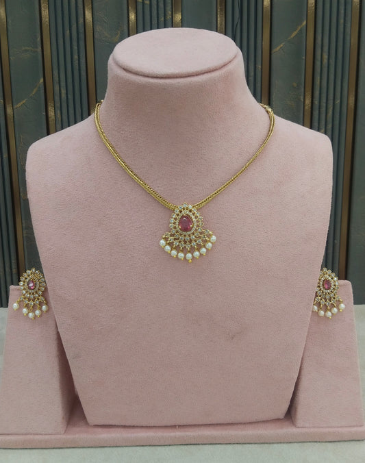 Gold Ruby CZ Necklace indian Jewellery Maron Set