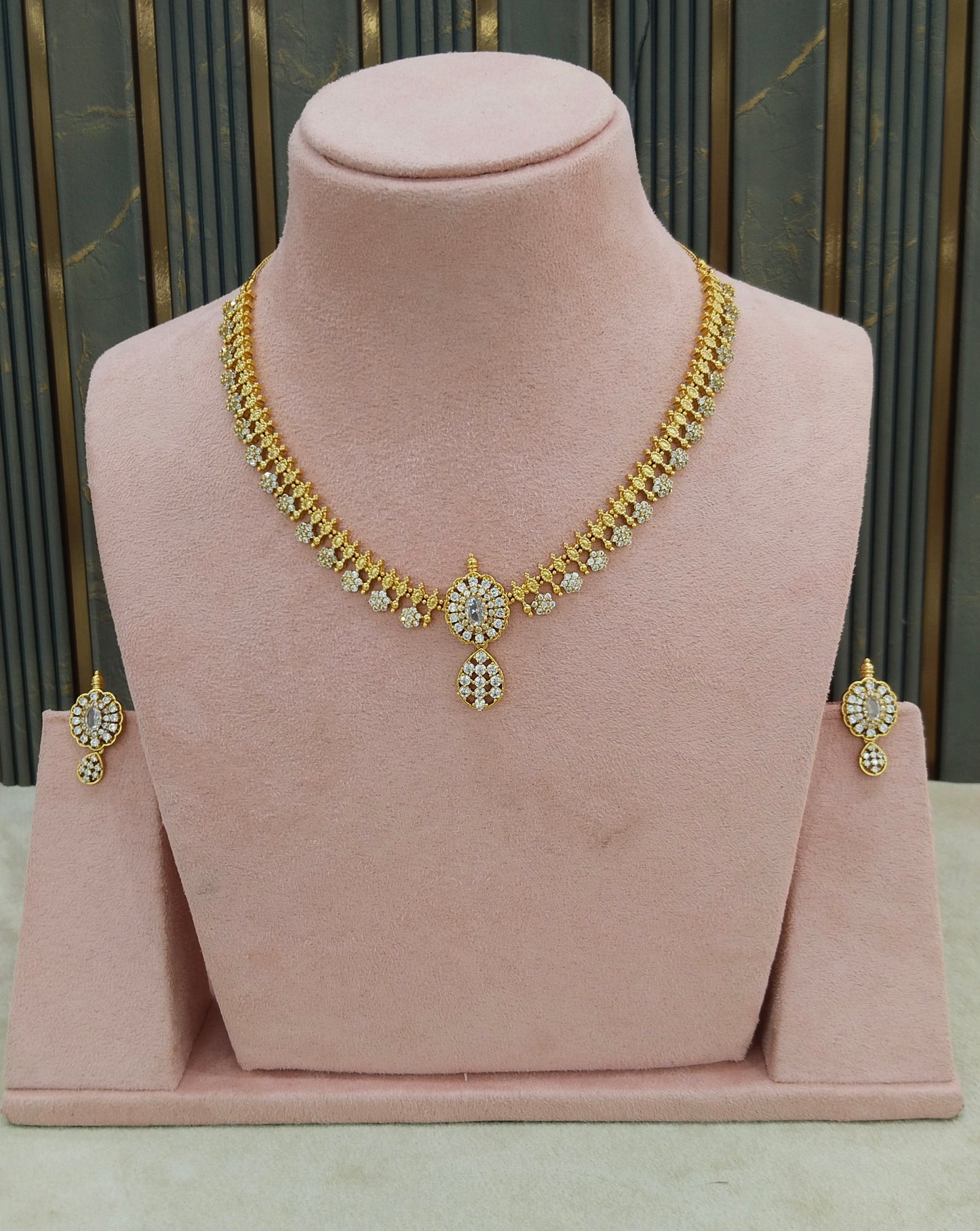 Gold Green CZ Necklace indian Jewellery Maron Set