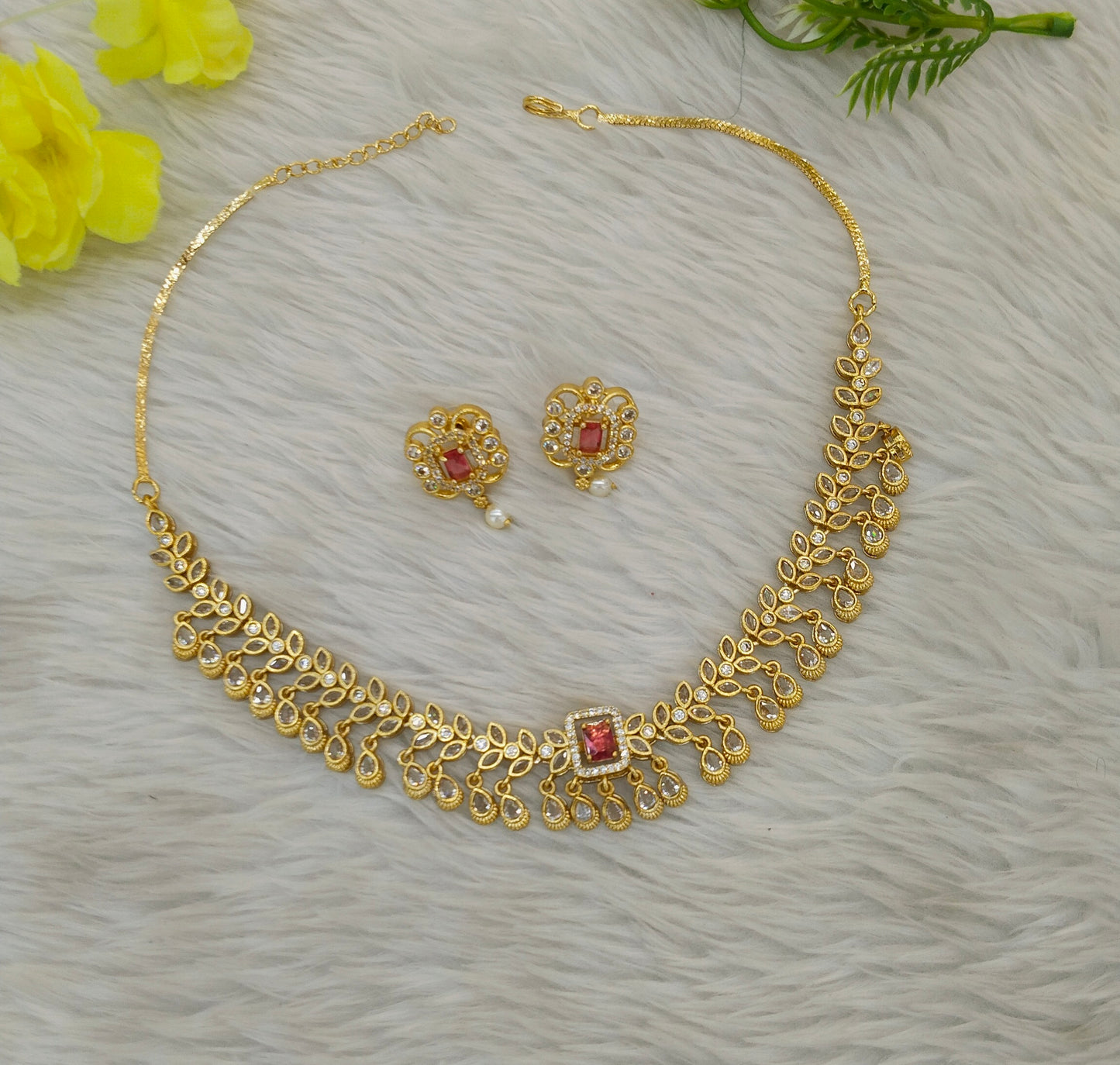 Gold Change Able Stone CZ Necklace indian Jewellery Maron Set