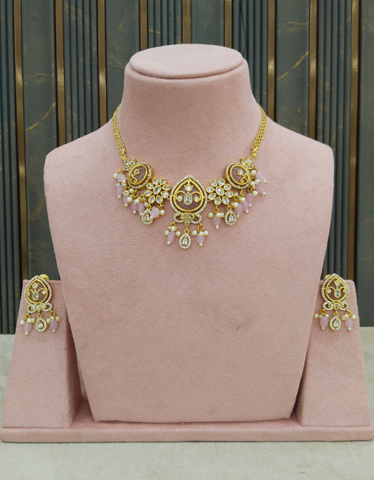 Gold Pink American Diamond Necklace indian Jewellery Disny Set