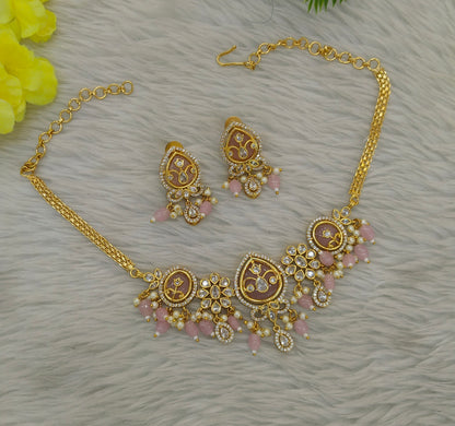Gold Pink American Diamond Necklace indian Jewellery Disny Set