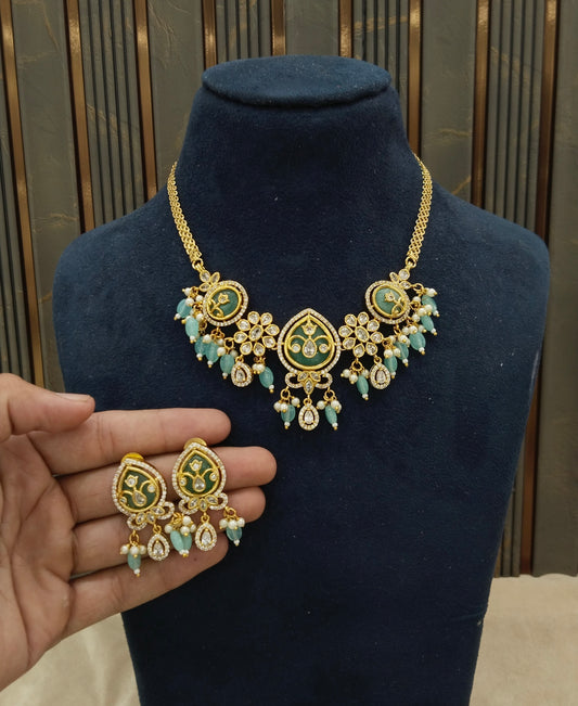 Gold Sage Green American Diamond Necklace indian Jewellery Disny Set