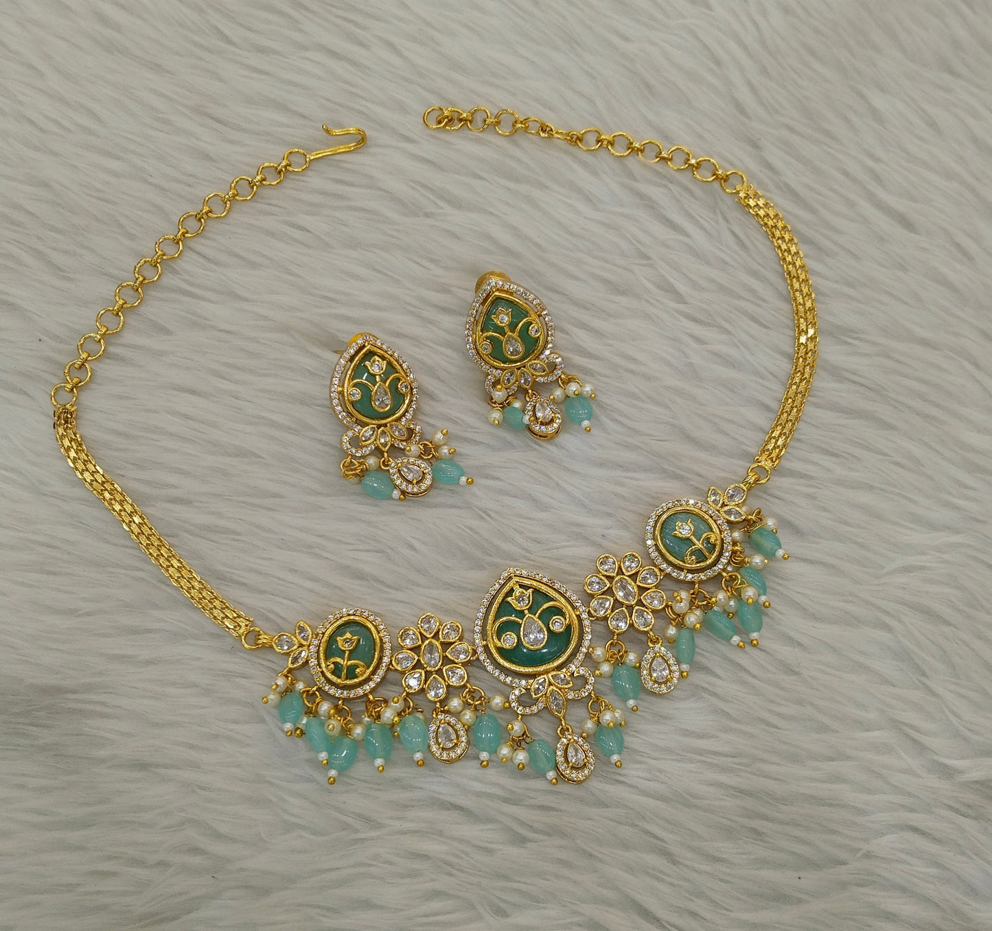 Gold Sage Green American Diamond Necklace indian Jewellery Disny Set