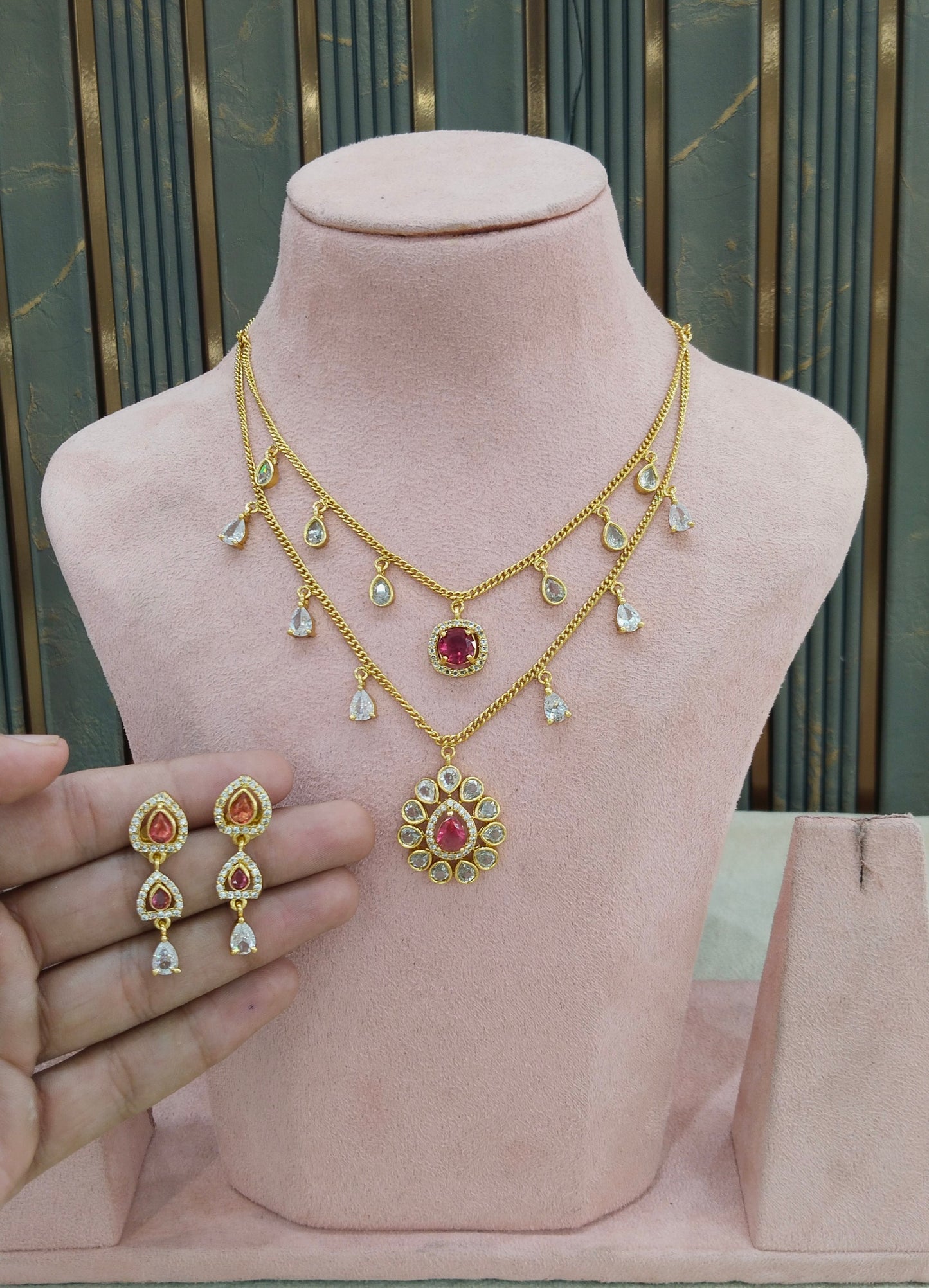 Gold Ruby American Diamond Necklace indian Jewellery Disny Set
