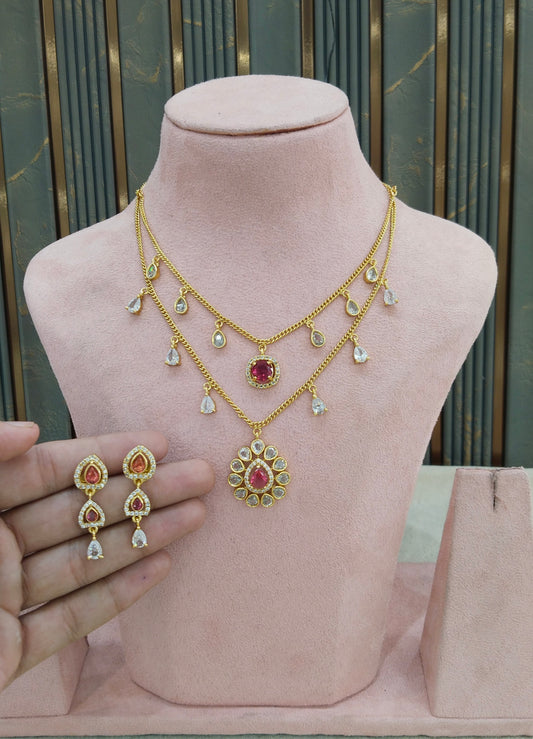 Gold Ruby American Diamond Necklace indian Jewellery Disny Set