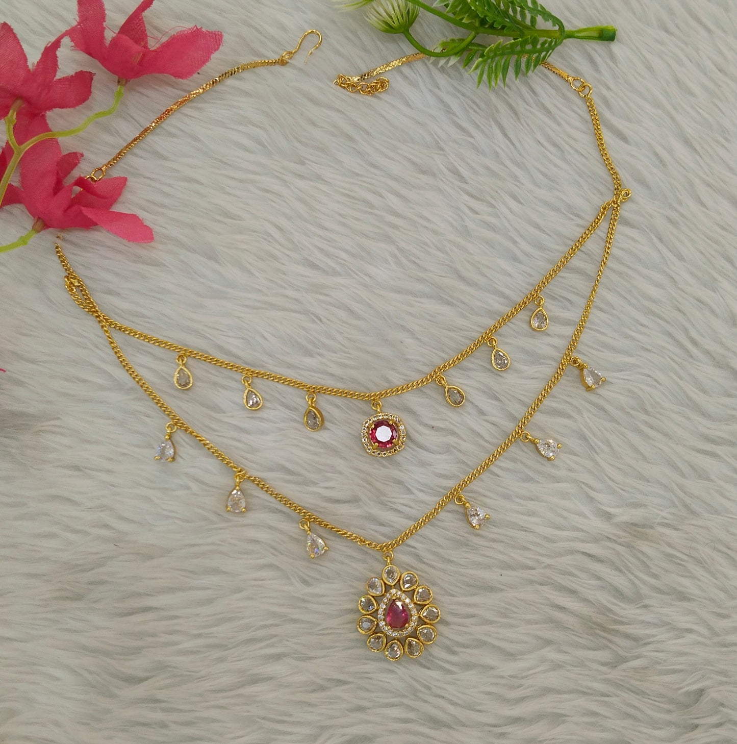 Gold Ruby American Diamond Necklace indian Jewellery Disny Set