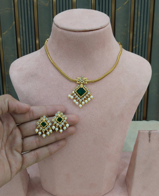 Gold Green American Diamond Necklace indian Jewellery Disny Set