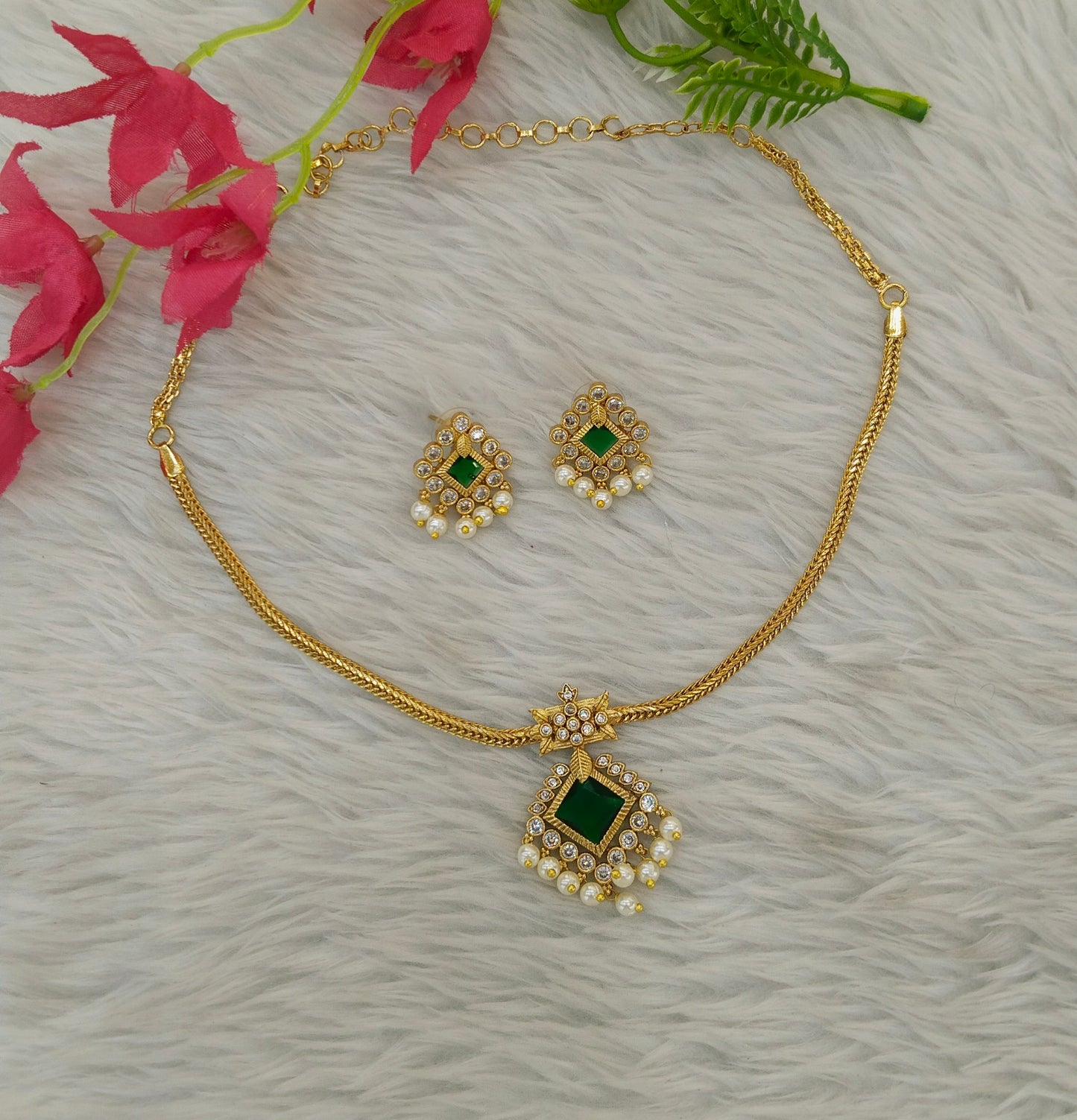 Gold Green American Diamond Necklace indian Jewellery Disny Set
