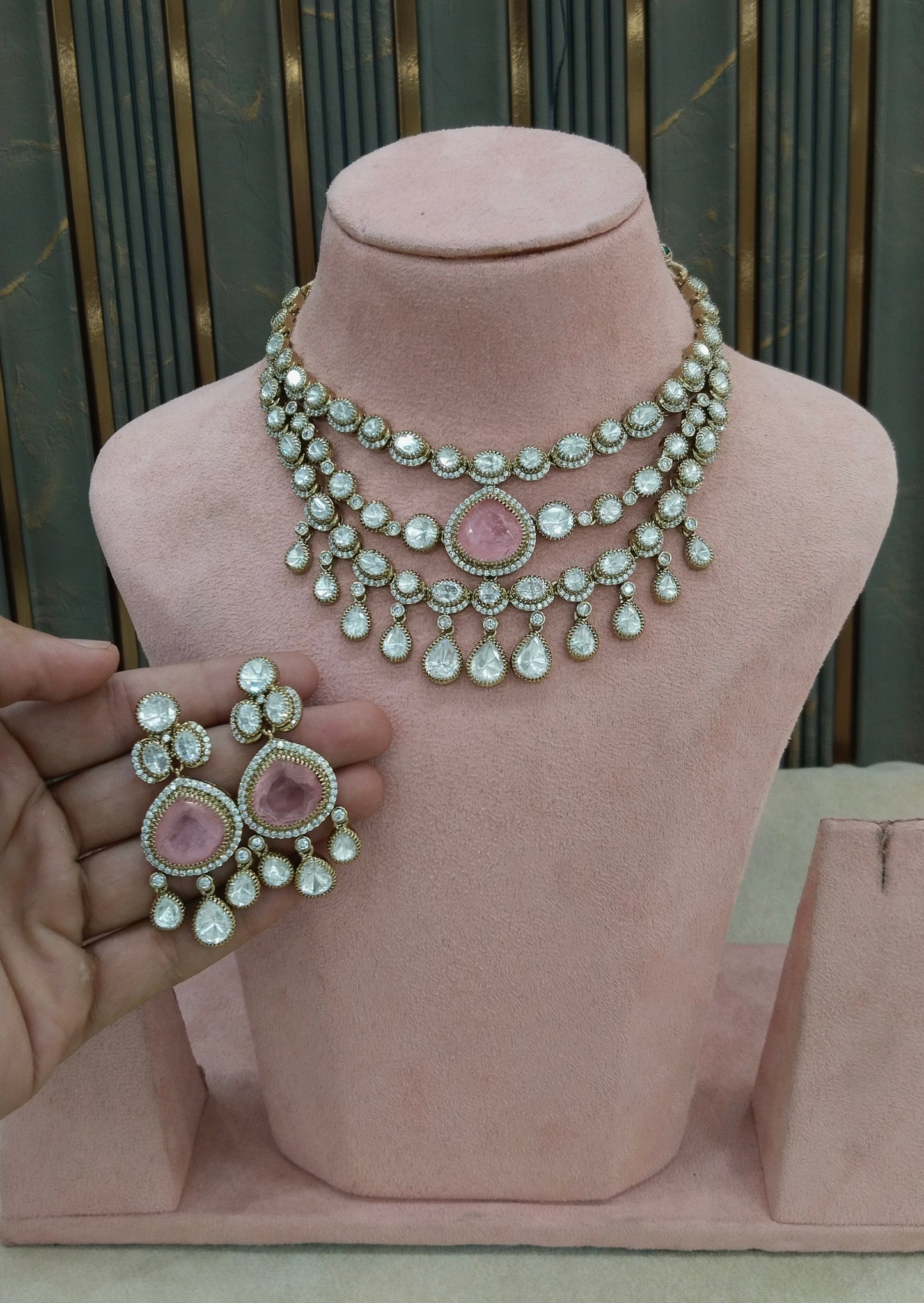 Antique Moissanite Pink kundan necklace Indian Jewellery Erin Wedding Sets