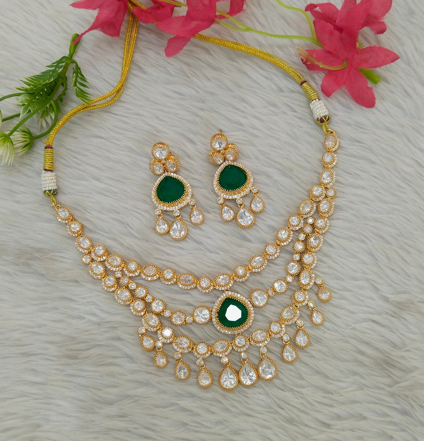 Gold Uncut Green kundan necklace Indian Jewellery Erin Wedding Sets