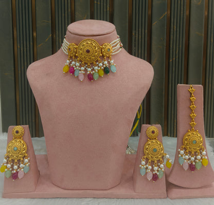 Gold Multi Color polki choker set/ Gold choker Lipi set