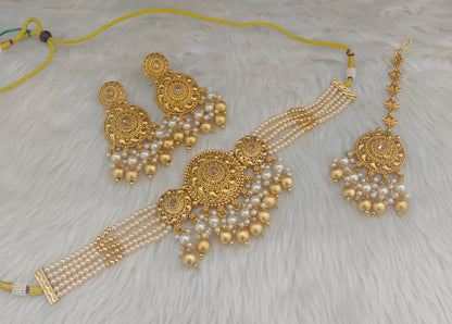 Gold White polki choker set/ Gold choker Lipi set