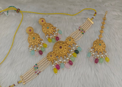 Gold Multi Color polki choker set/ Gold choker Lipi set